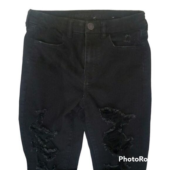 American Eagle jeans women's sz 6 black destroyed holes stretch hi-rise jegging - Picture 2 of 16
